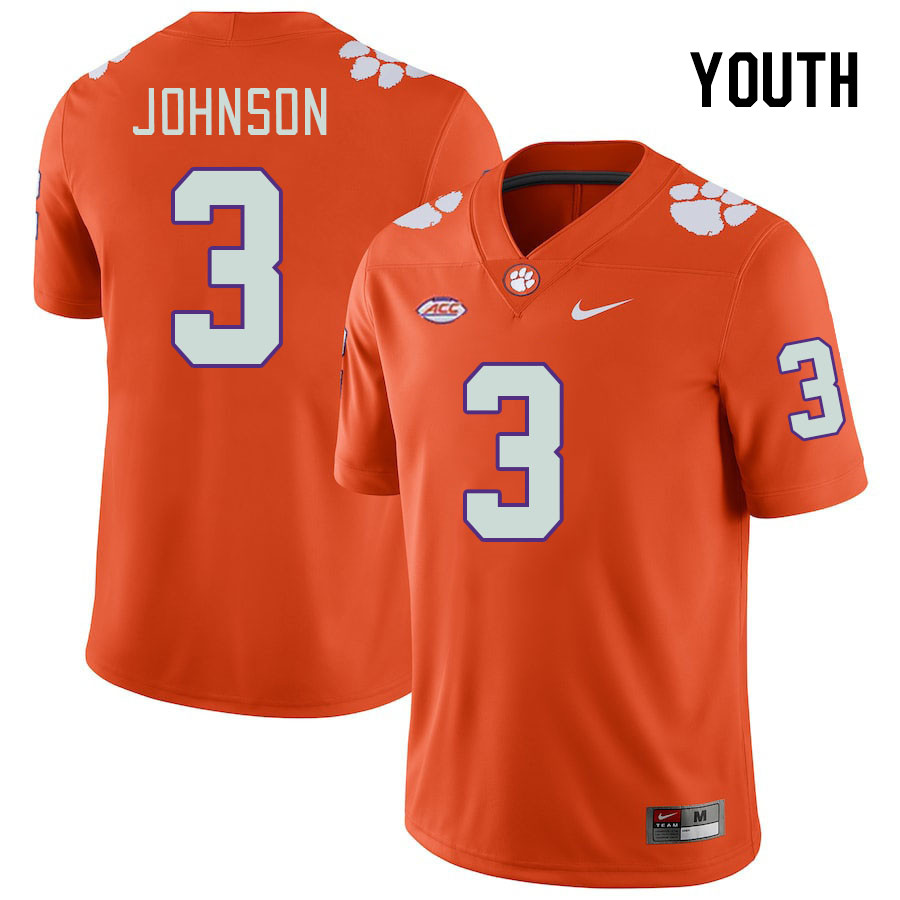 Youth Clemson Tigers Noble Johnson #3 College Orange NCAA Authentic Football Stitched Jersey 23RO30ZR